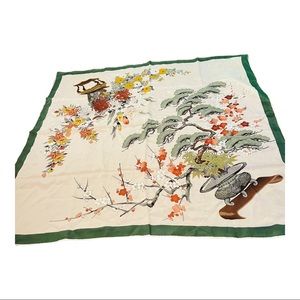 Vintage hand rolled all silk scarf w/ bonsai tree cherry blossoms. Made in Japan